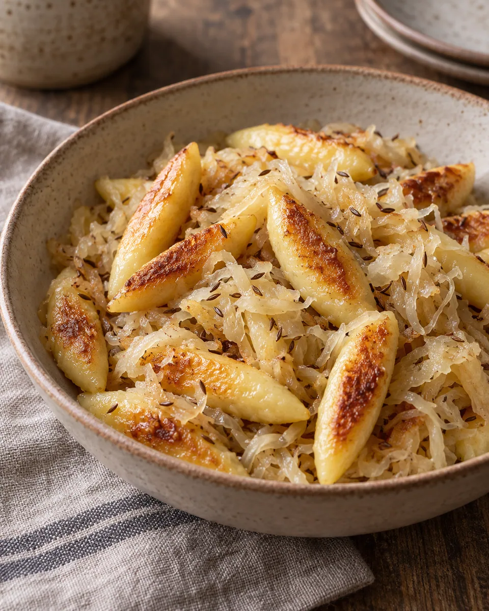 Goldbraune Schupfnudeln mit mildem Sauerkraut