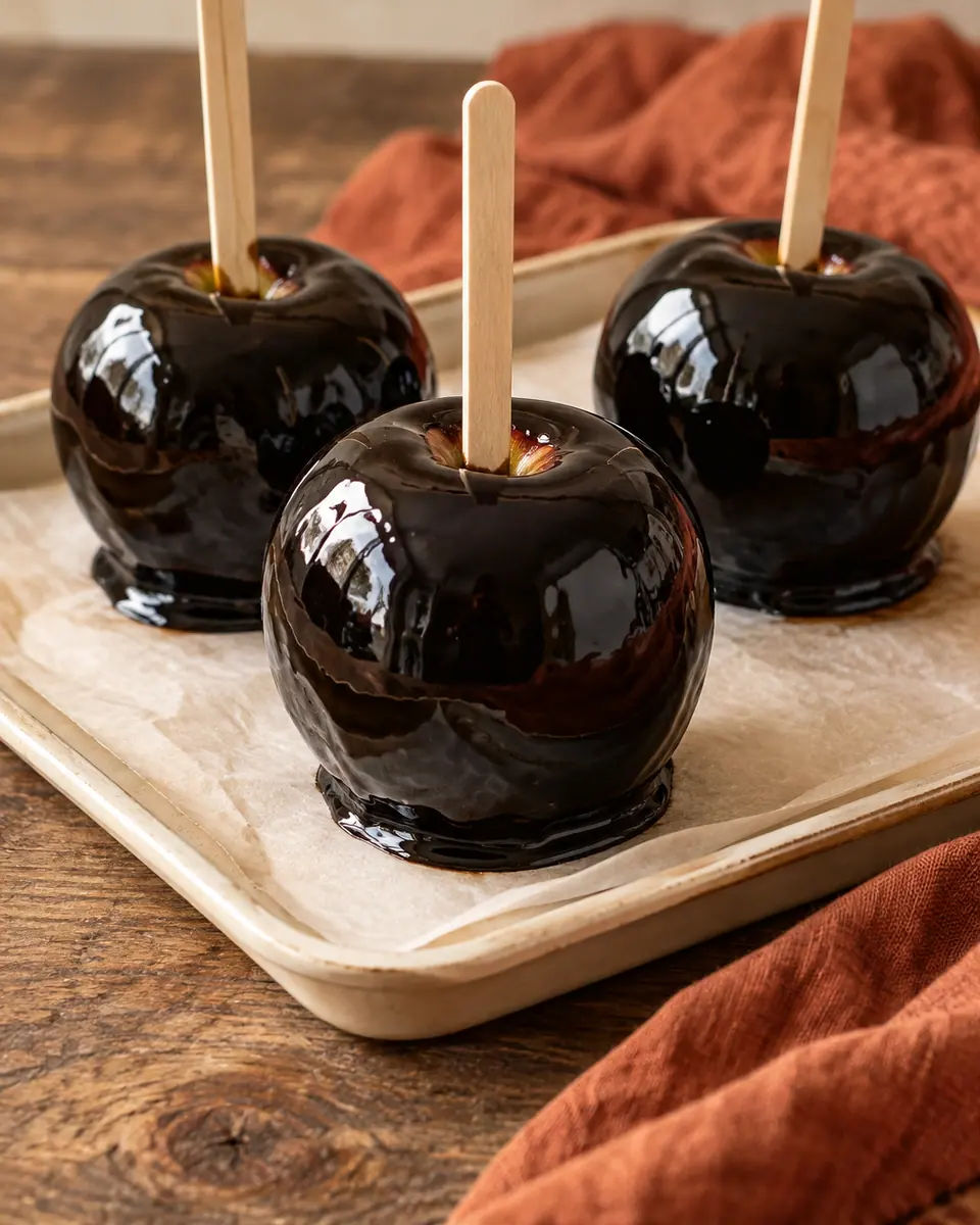 Sechs kleine Äpfel mit glänzender schwarzer Zuckerhülle an schlichten Holzstäbchen