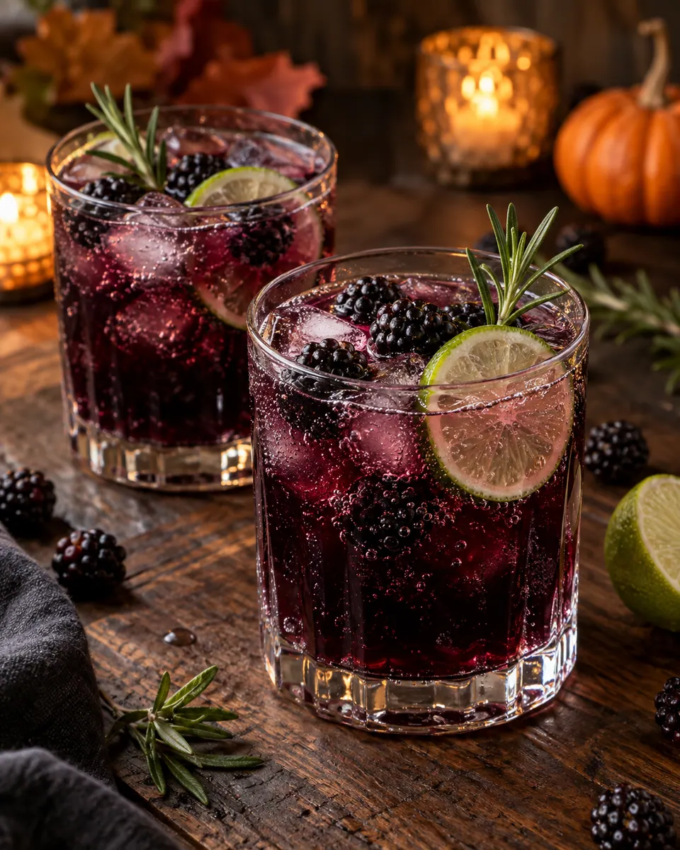 Dunkelvioletter Brombeer-Mocktail mit Eis, frischen Brombeeren, Limettenscheiben und Rosmarinzweigen
