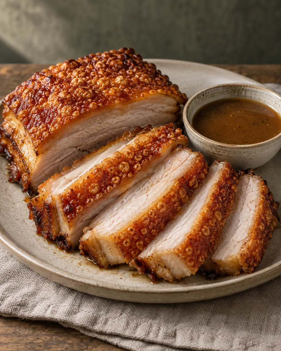 Schweinebraten mit blasiger goldbrauner Schwarte, angeschnitten auf einer Platte mit separater Sauce