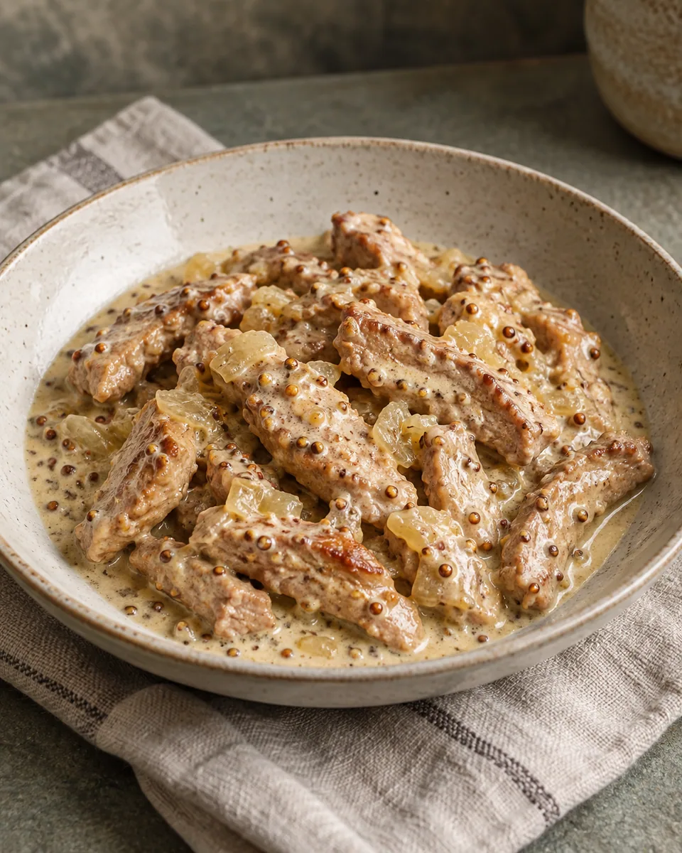 Schweinefleischstreifen in heller Sauce mit sichtbaren Senfkörnern