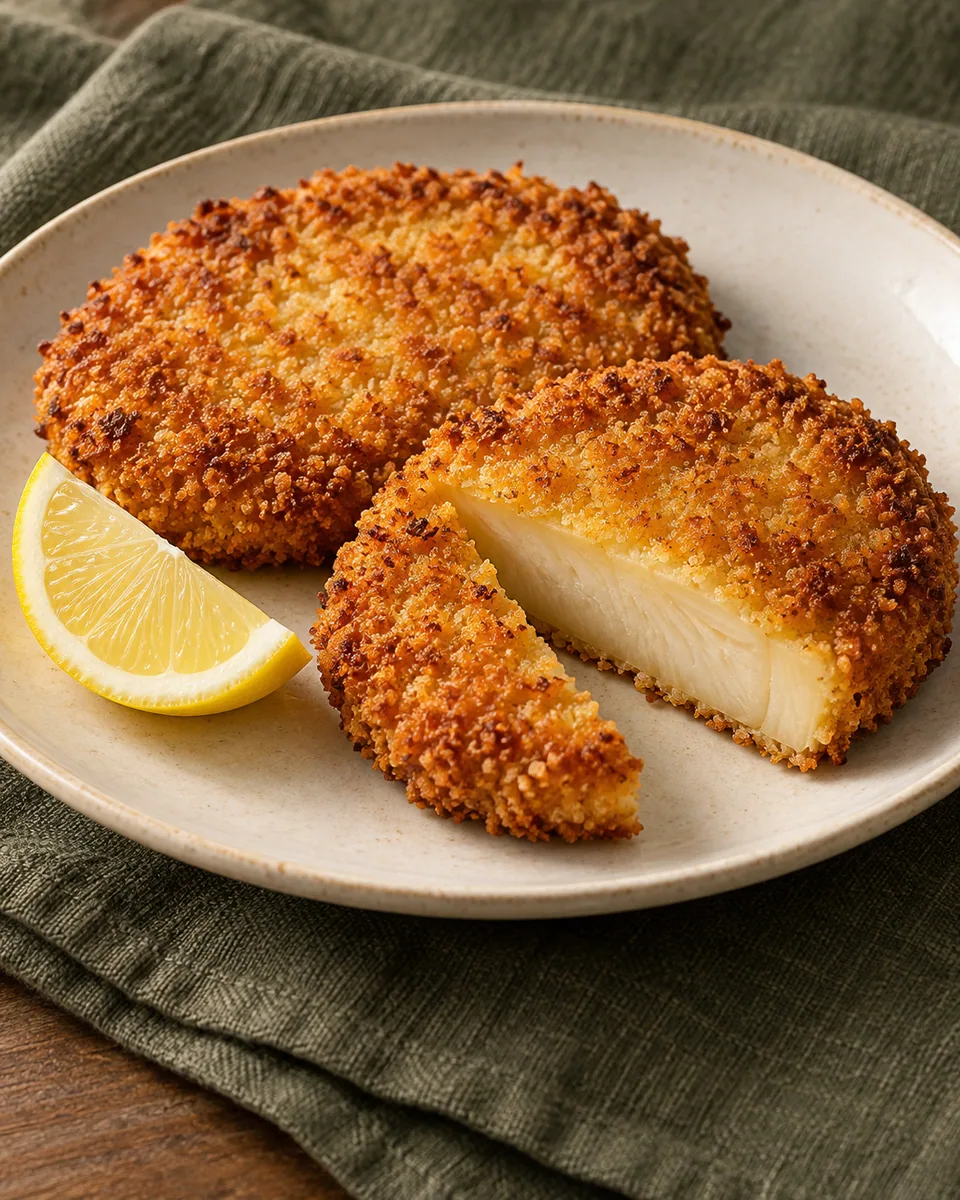 Goldbraun panierte Sellerieschnitzel mit angeschnittener heller Selleriescheibe