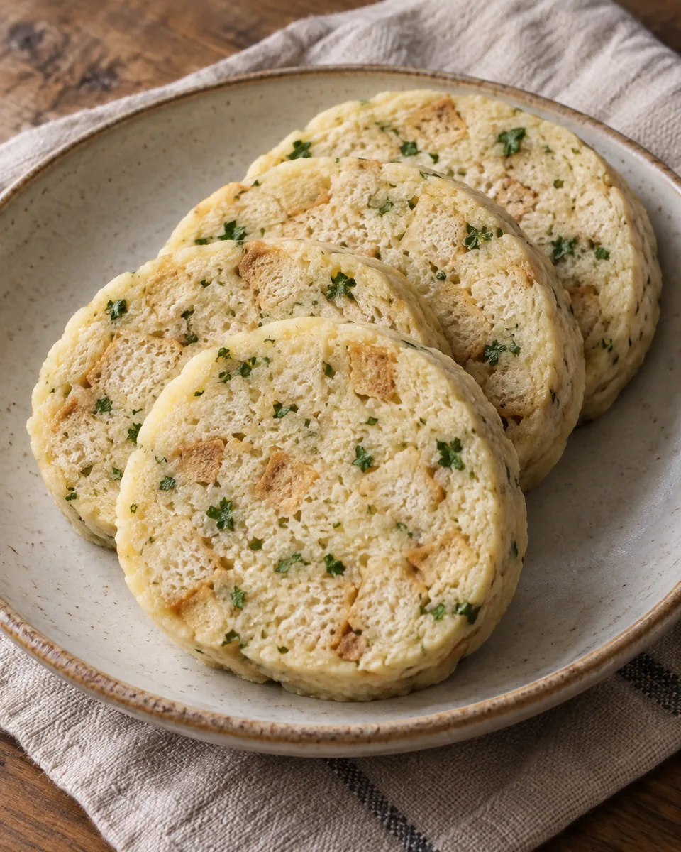 In Scheiben geschnittener Serviettenknödel mit Brotwürfeln und Petersilie