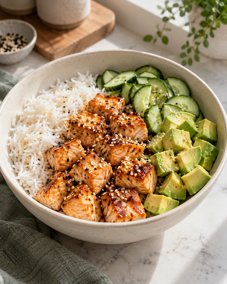 Sesam-Lachs-Bowl mit Gurke und Reis – KI-generierte Rezeptillustration