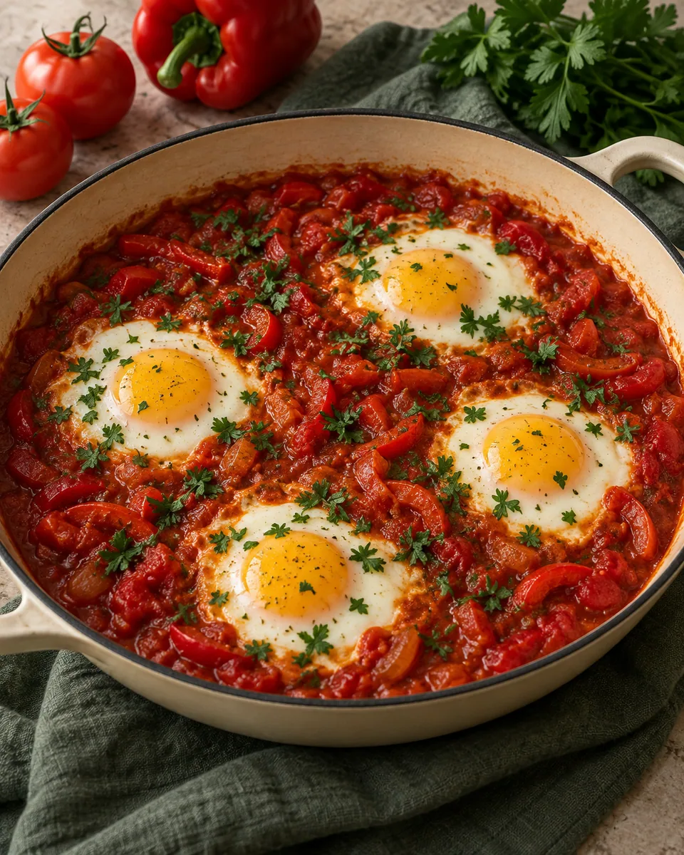 Vier vollständig gestockte Eier in Tomaten-Paprika-Sauce