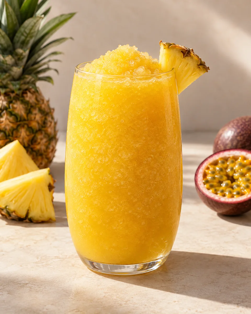 Ananas-Maracuja-Slush als feinkristalliner Frozen Drink im Glas