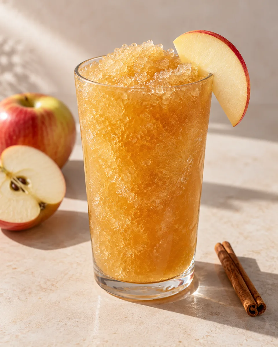 Apfel-Zimt-Slush als feinkristalliner Frozen Drink im Glas
