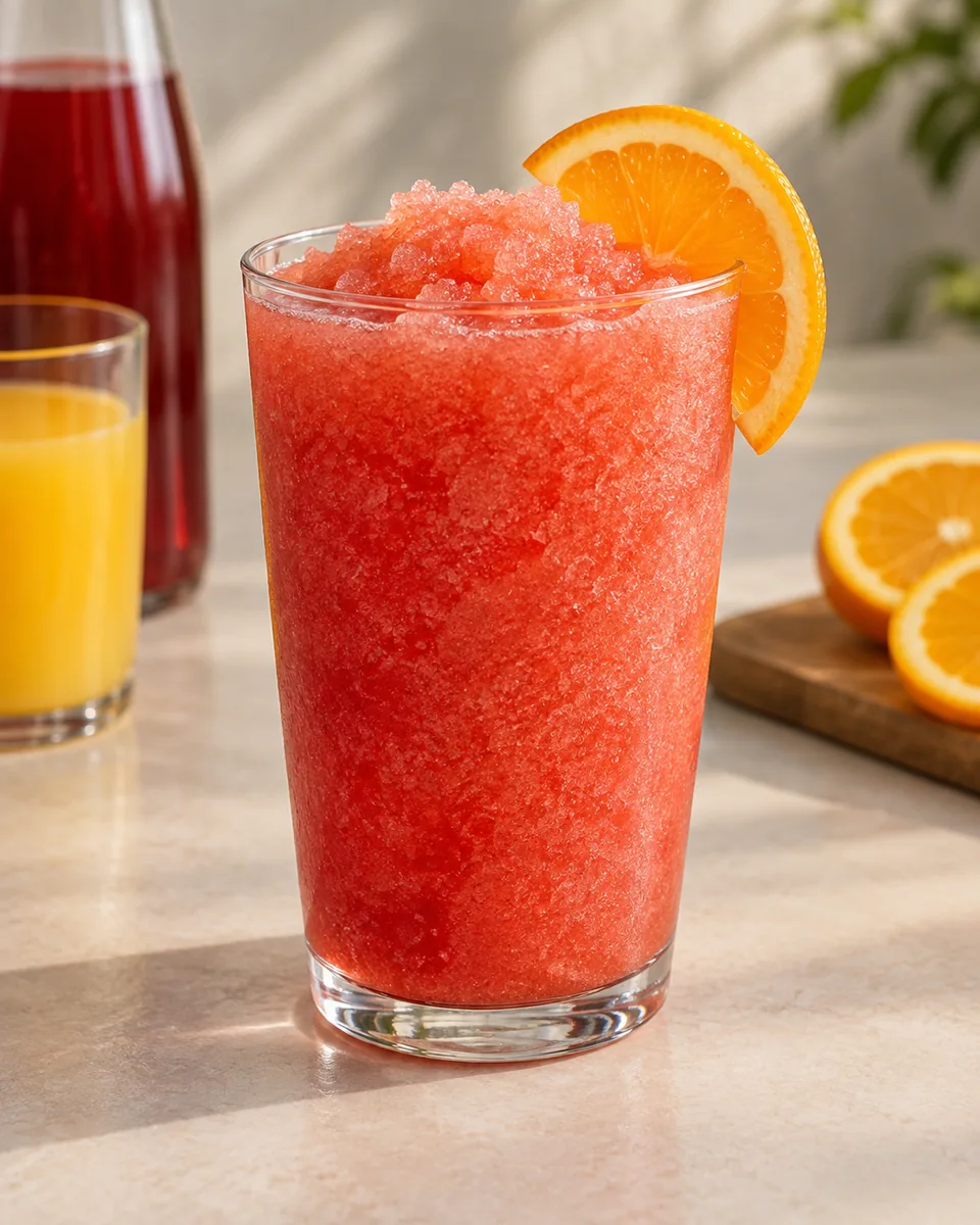 Cranberry-Orangen-Slush als feinkristalliner Frozen Drink im Glas