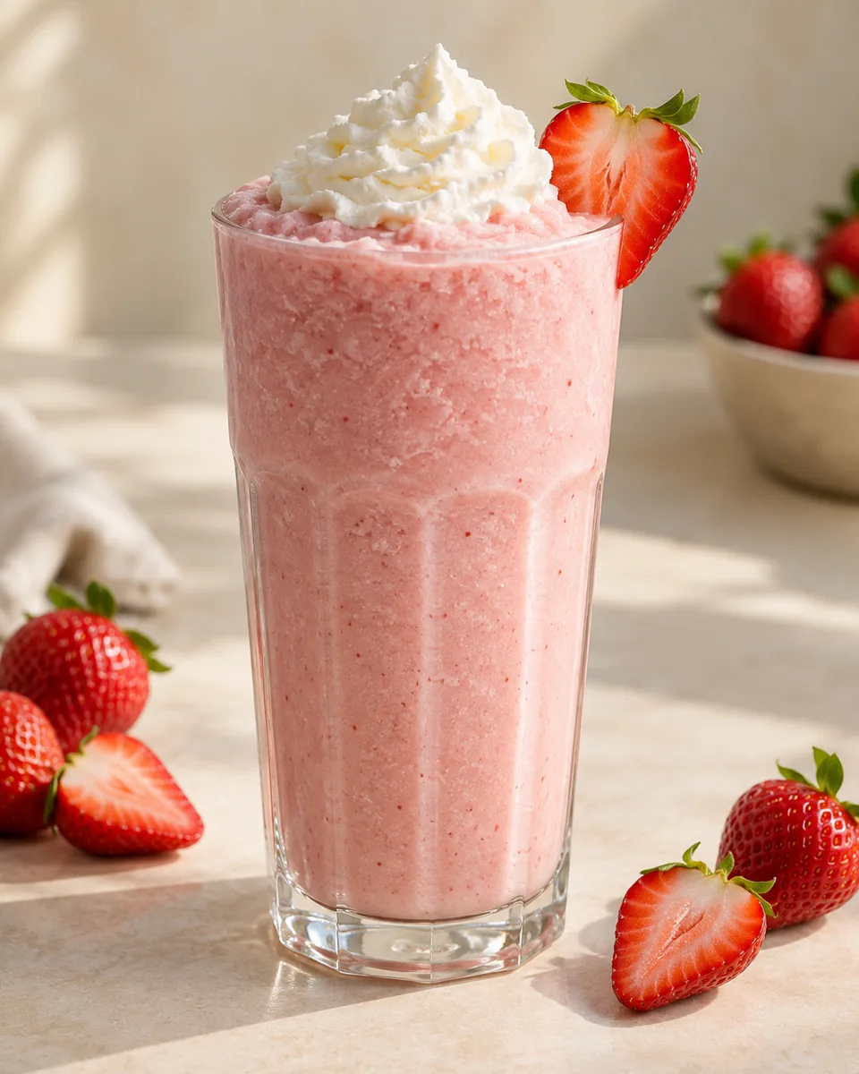 Erdbeer-Milkshake als feinkristalliner Frozen Drink im Glas