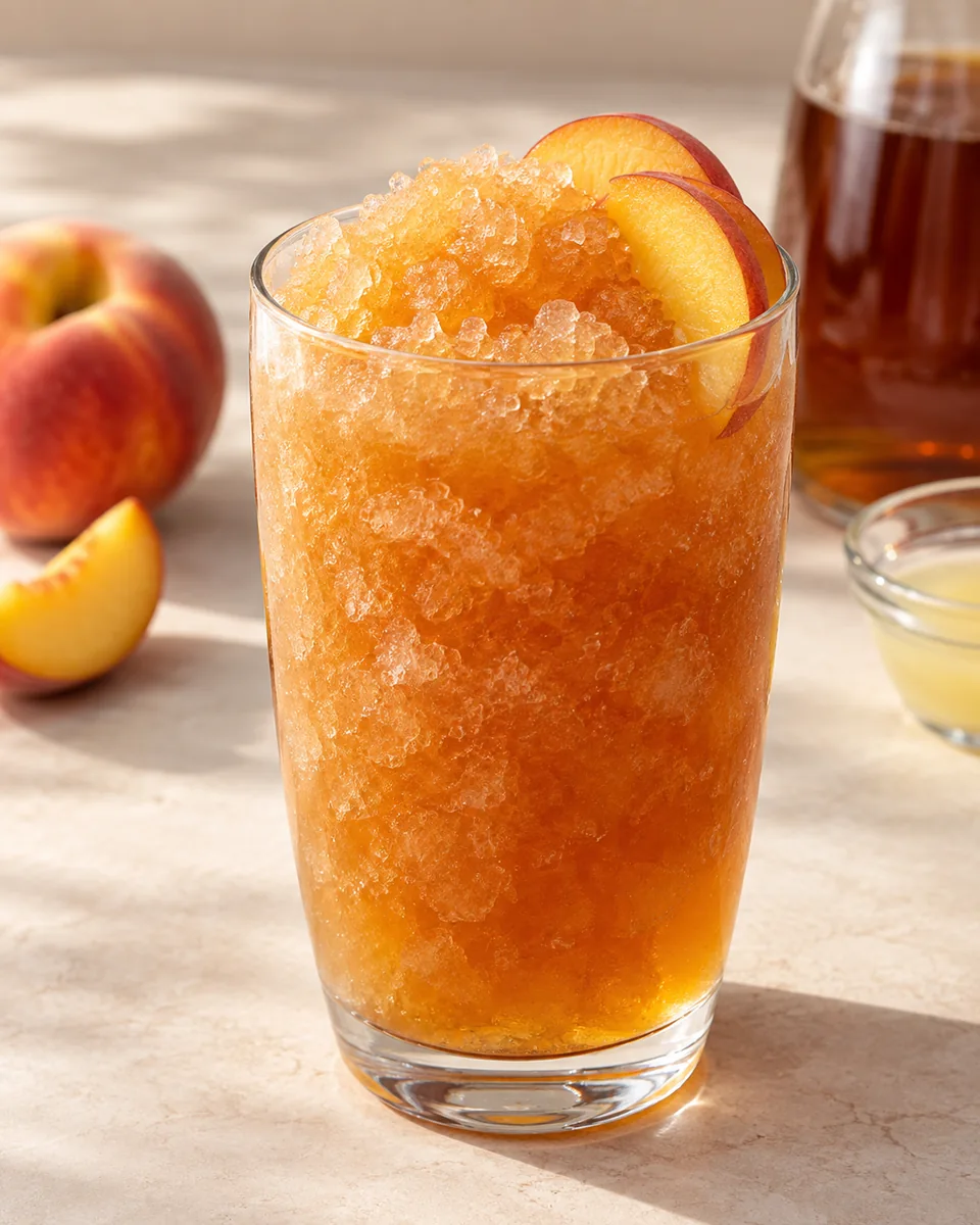 Pfirsich-Eistee als feinkristalliner Frozen Drink im Glas