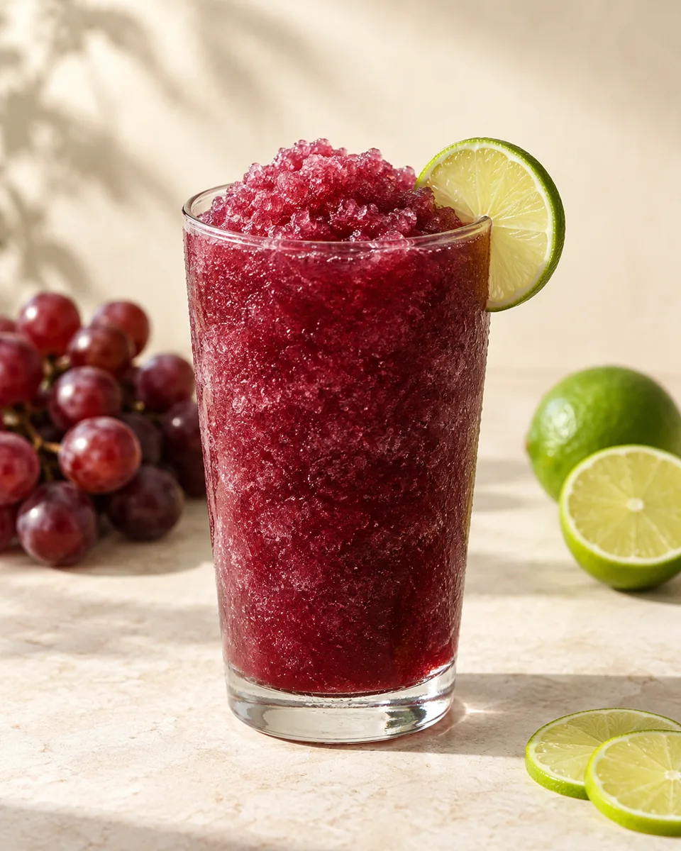 Trauben-Limetten-Slush als feinkristalliner Frozen Drink im Glas