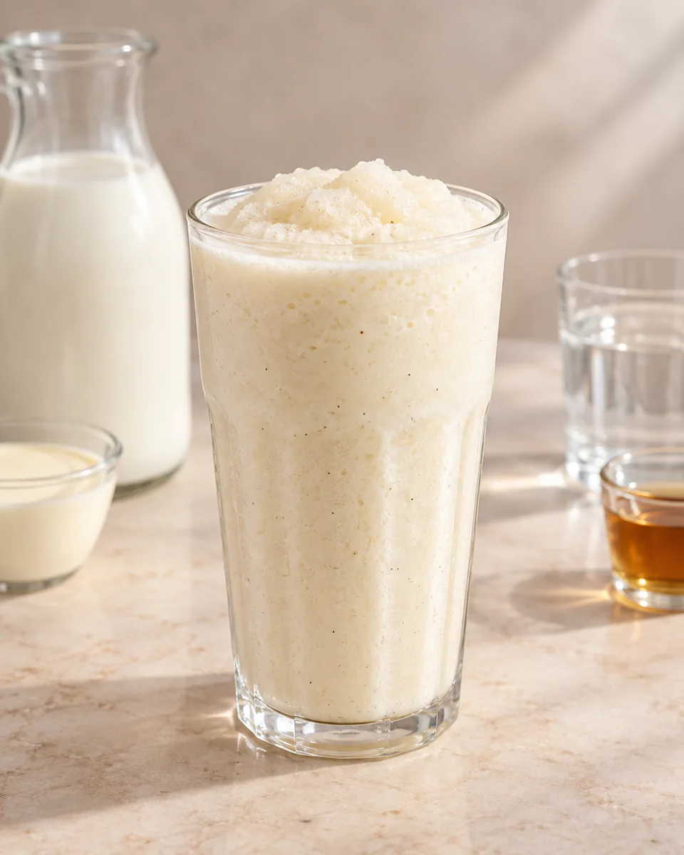 Vanille-Milkshake als feinkristalliner Frozen Drink im Glas