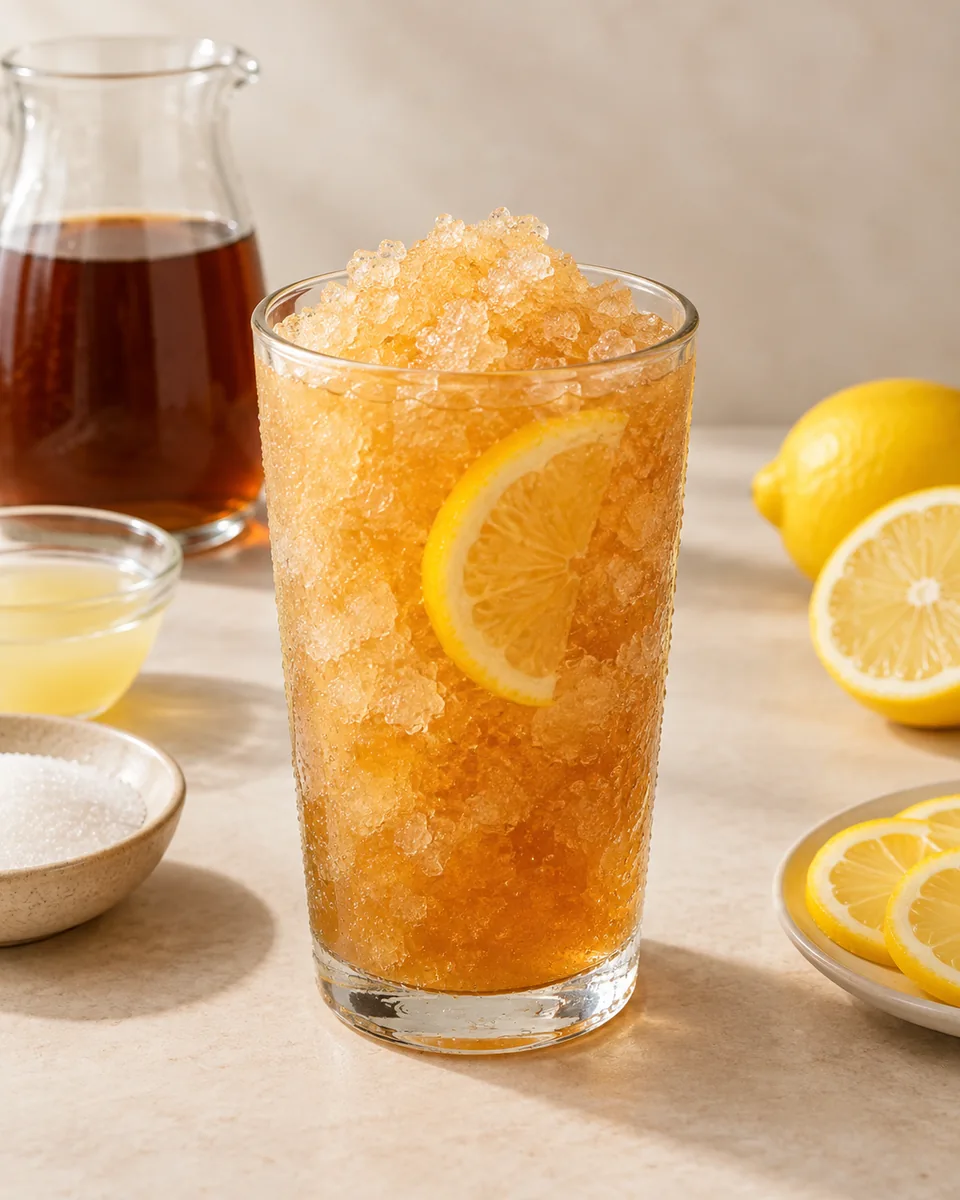 Zitronen-Eistee als feinkristalliner Frozen Drink im Glas