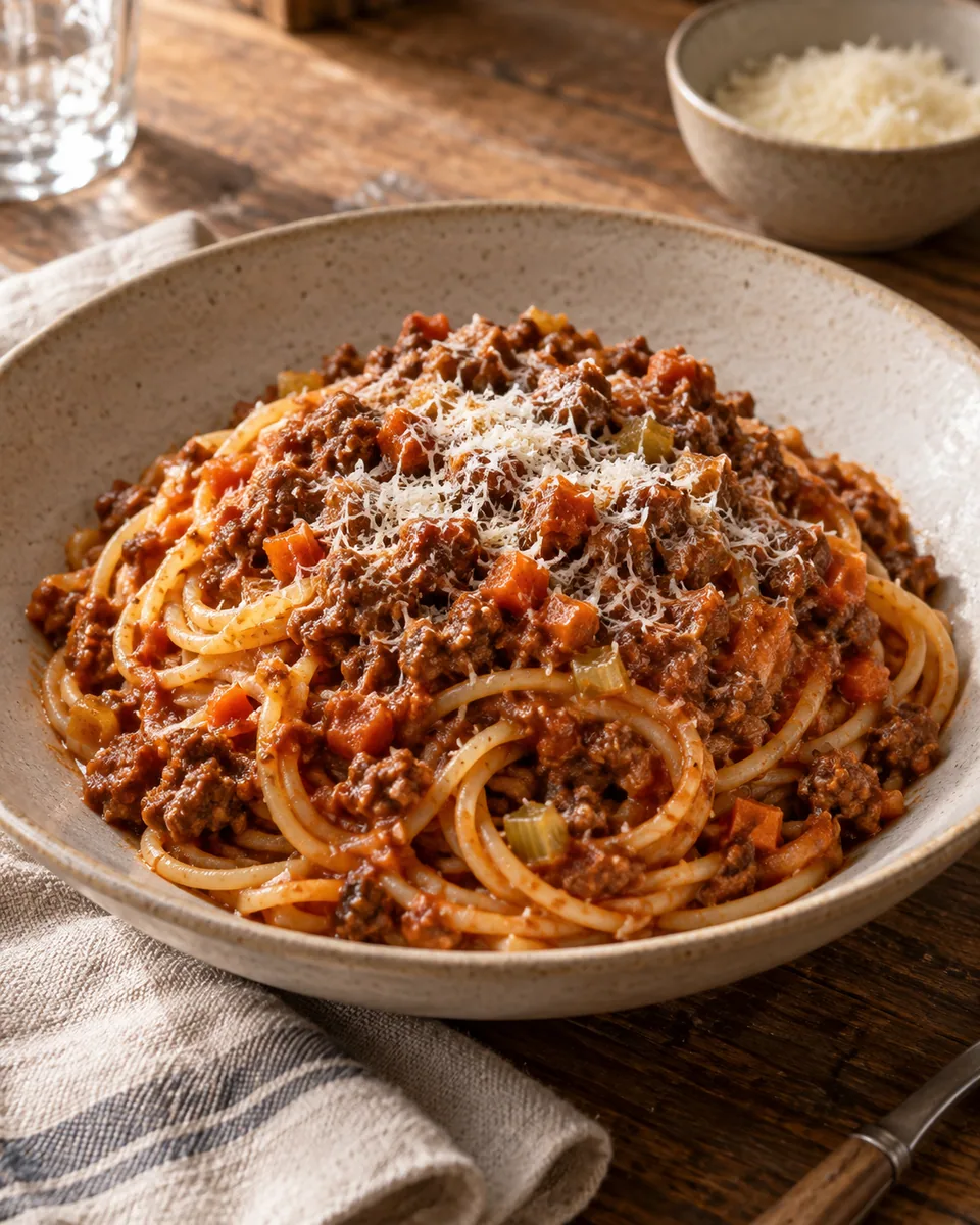 Spaghetti mit braunrotem Rinder-Ragù und fein geriebenem Parmesan