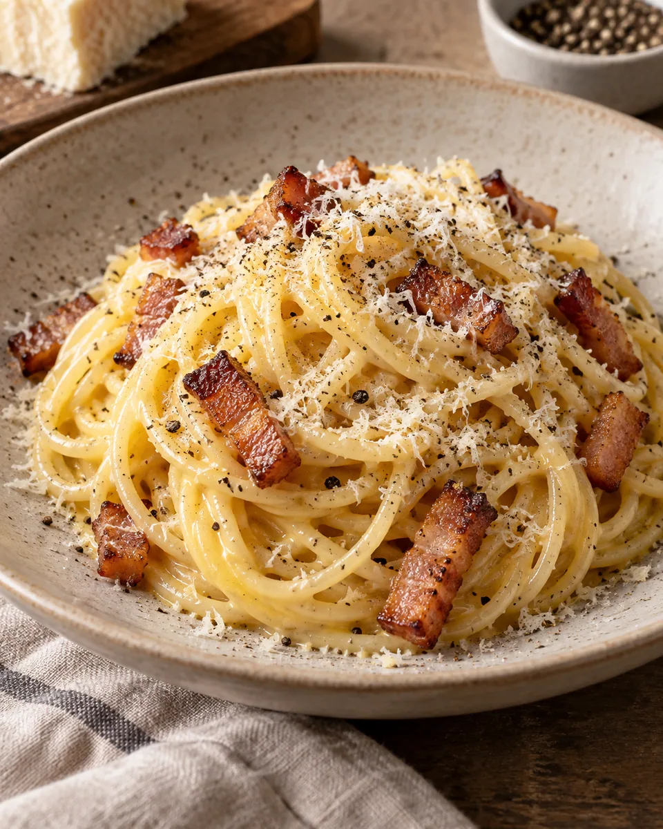 Cremige Spaghetti Carbonara mit Guanciale, Pecorino und schwarzem Pfeffer