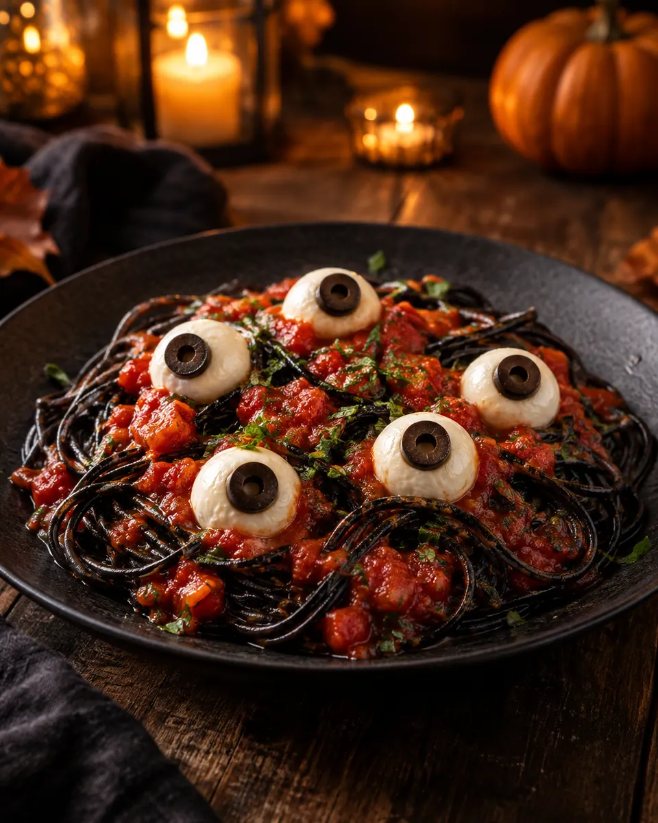 Schwarze Sojaspaghetti mit roter Tomatensauce und weißen Mozzarella-Augen mit schwarzen Oliven