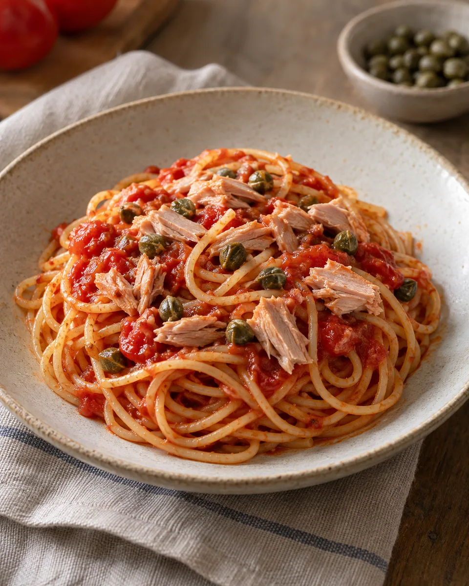Spaghetti in Tomatensauce mit Thunfischstücken und Kapern