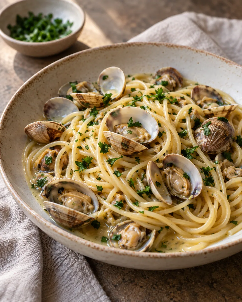 Spaghetti mit Venusmuscheln, einigen geöffneten Schalen und Petersilie