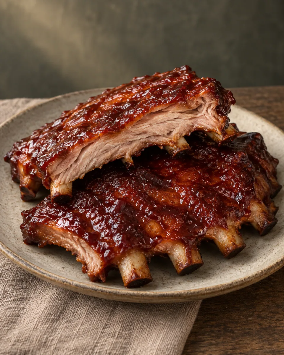 Gebräunte Schweinerippen mit dünner dunkelroter BBQ-Glasur auf einem Blech