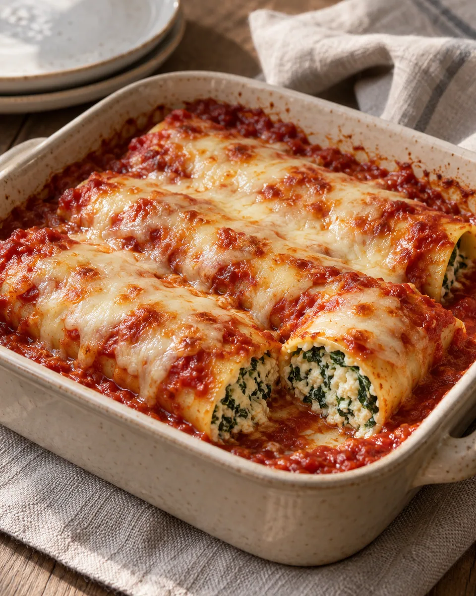 Cannelloni in roter Tomatensauce mit Spinat-Ricotta-Füllung und Mozzarella