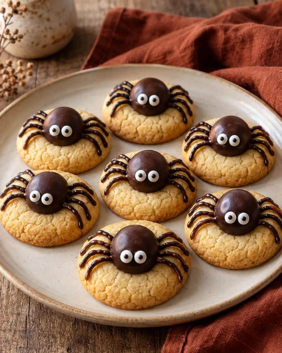 Buttercookies mit runden Schokopralinen, Zuckeraugen und acht aufgemalten Schokobeinen