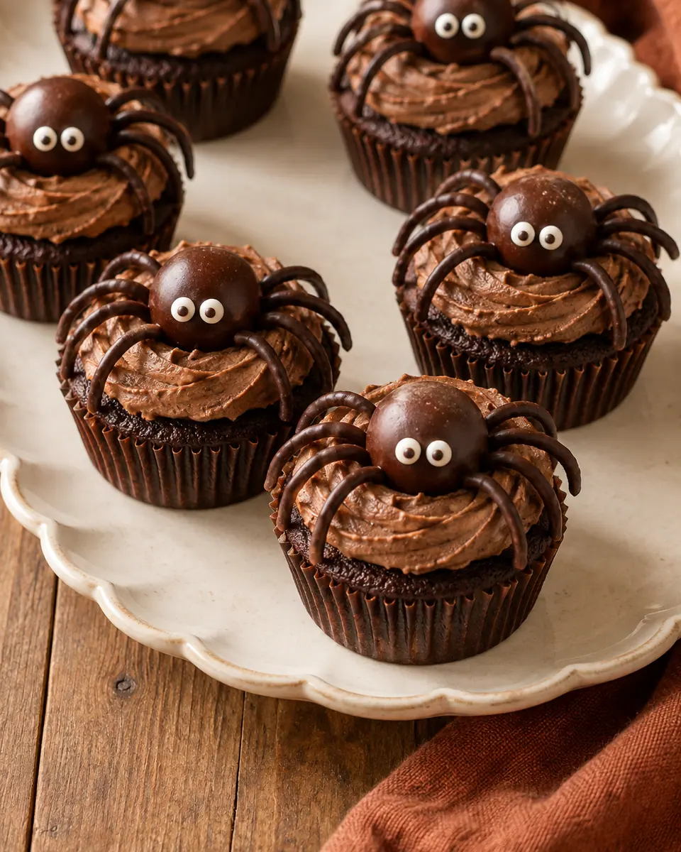 Dunkle Cupcakes mit Keksbröseln, zwei Zuckeraugen und je acht dünnen Lakritzbeinen