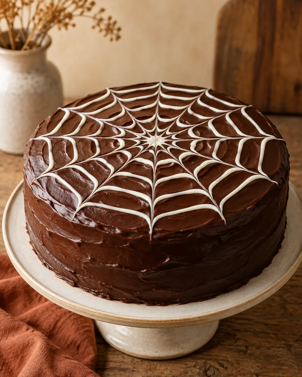 Runder Schokoladenkuchen mit weißem Spinnennetz und einer kleinen Schokospinne