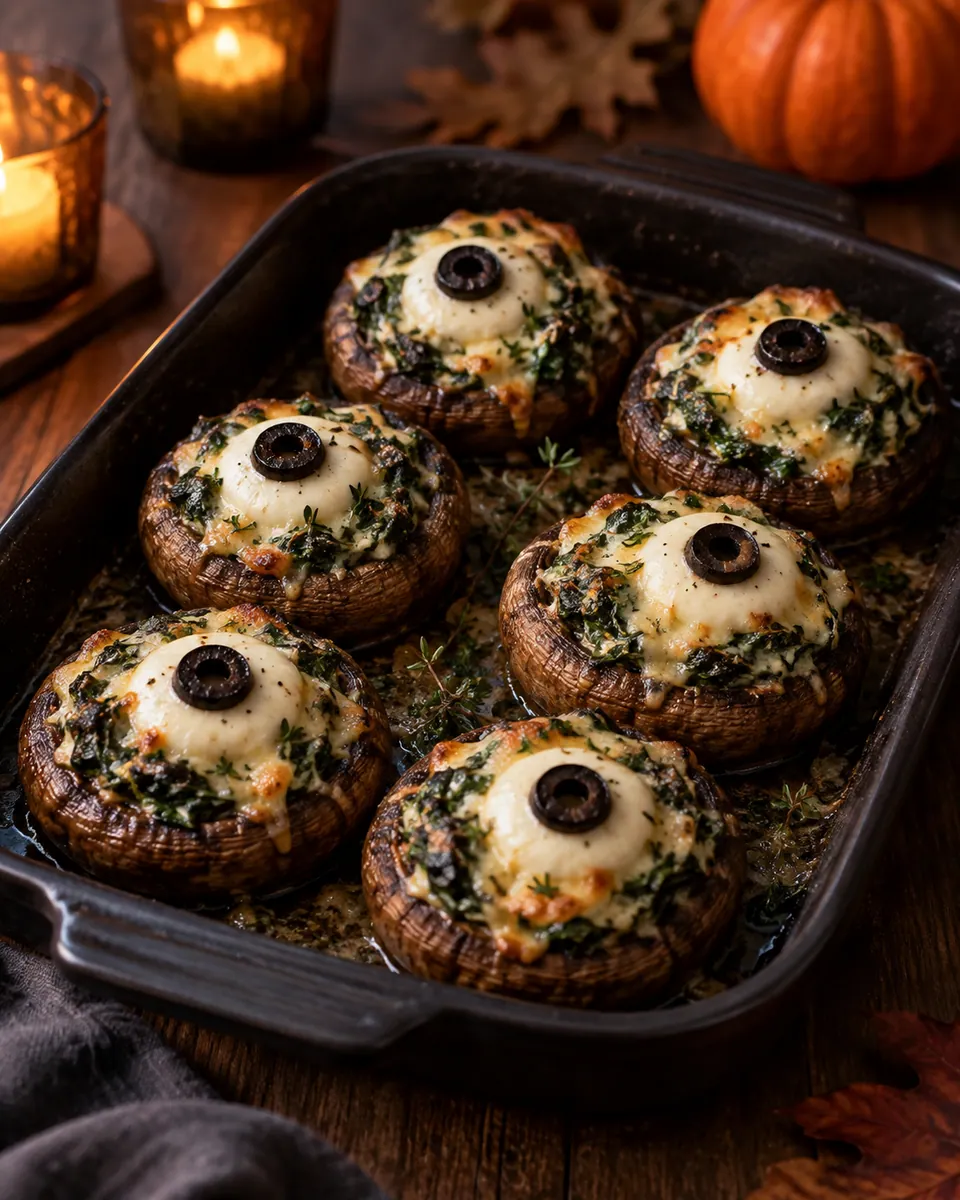 Gebackene große Champignons mit Spinat-Frischkäse-Füllung und jeweils einem weißen Mozzarella-Oliven-Auge