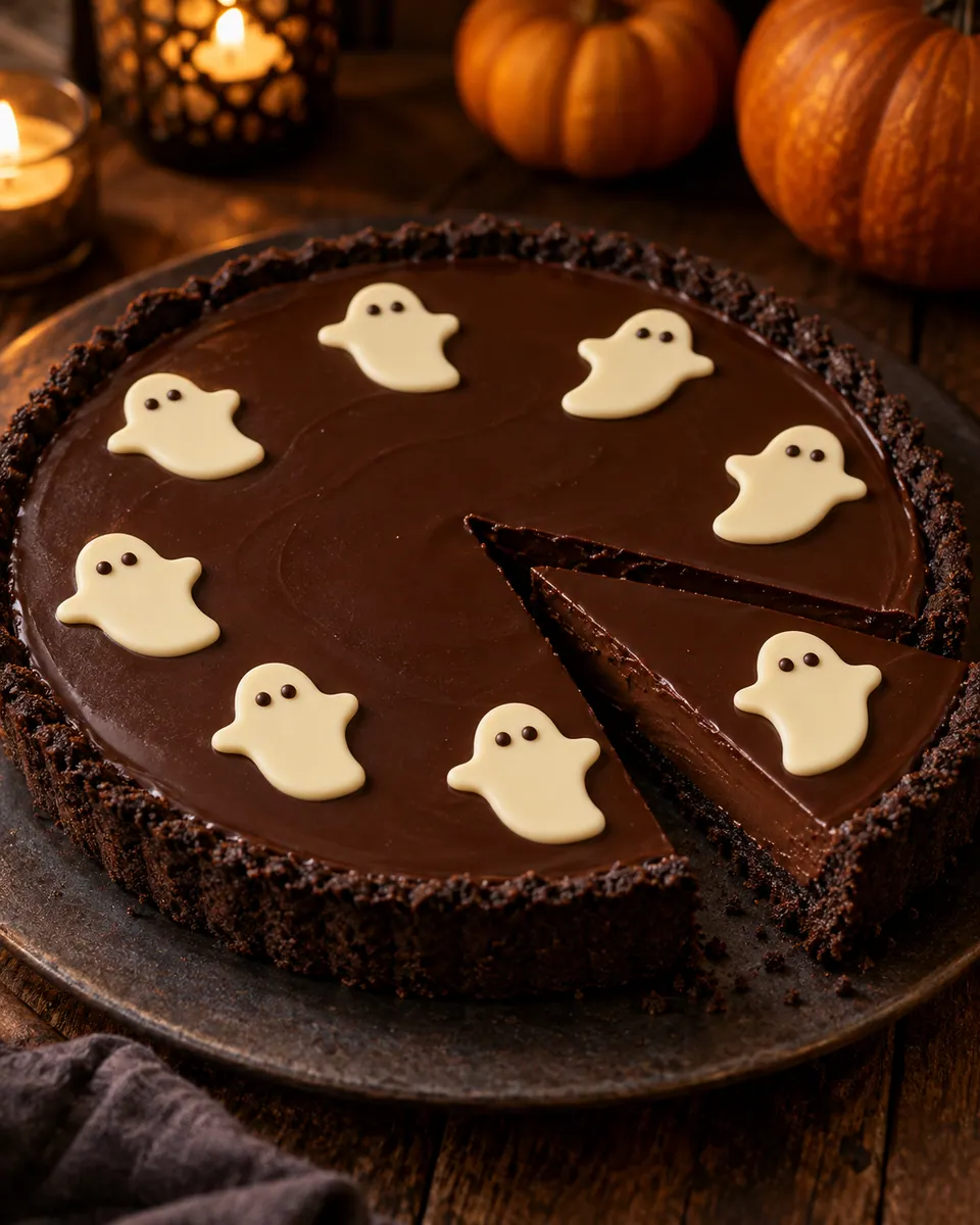 Dunkle Schoko-Tarte mit Keksrand und acht kleinen weißen Schokoladengeistern
