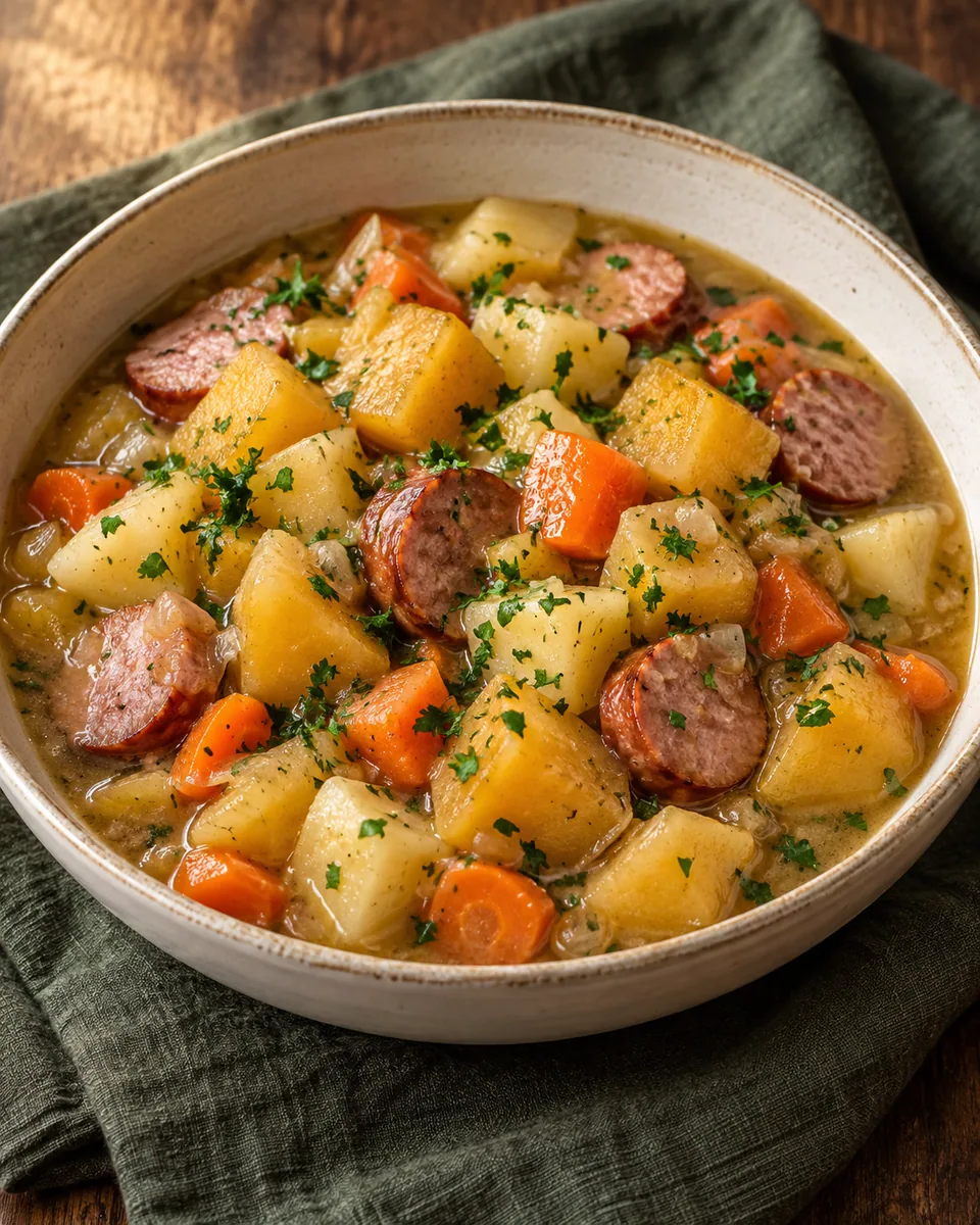 Steckrübeneintopf mit Möhren, Kartoffeln und Scheiben gegarter Mettwurst