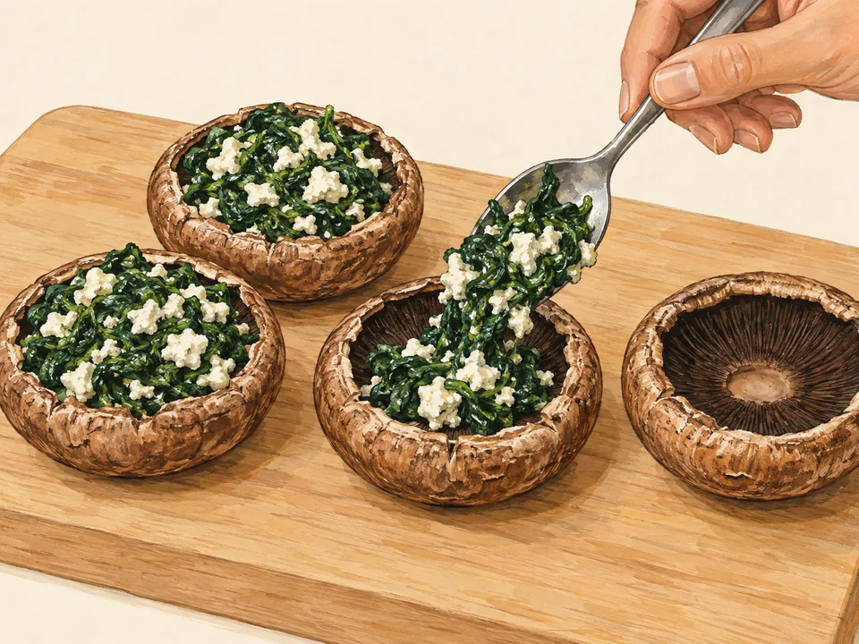 Die gut abgetropfte Spinat-Feta-Mischung auf die vier Kappen verteilen und nur leicht andrücken.