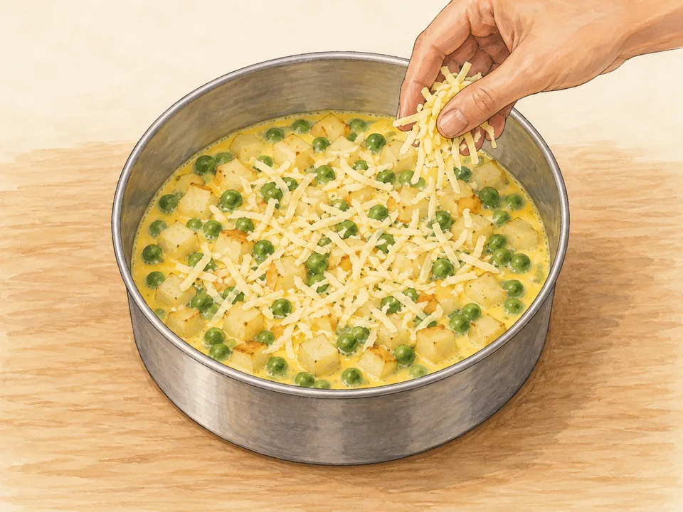 Vorgegarte Kartoffeln und Erbsen mit der Eiermasse in die geölte 18-cm-Form geben.