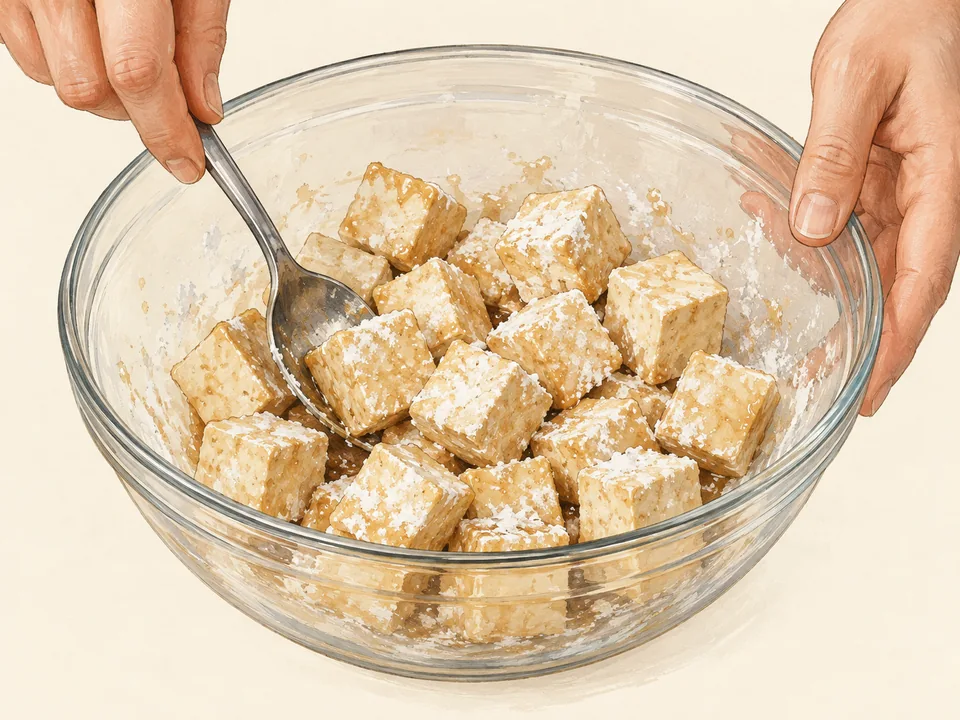 Den trockenen Tofu erst mit Öl und Sojasauce, anschließend dünn mit Stärke überziehen.