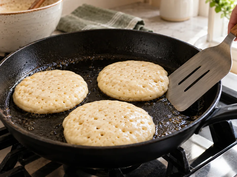 Bläschen auf der Oberseite und ein matter Rand zeigen, dass die Pancakes gewendet werden können.