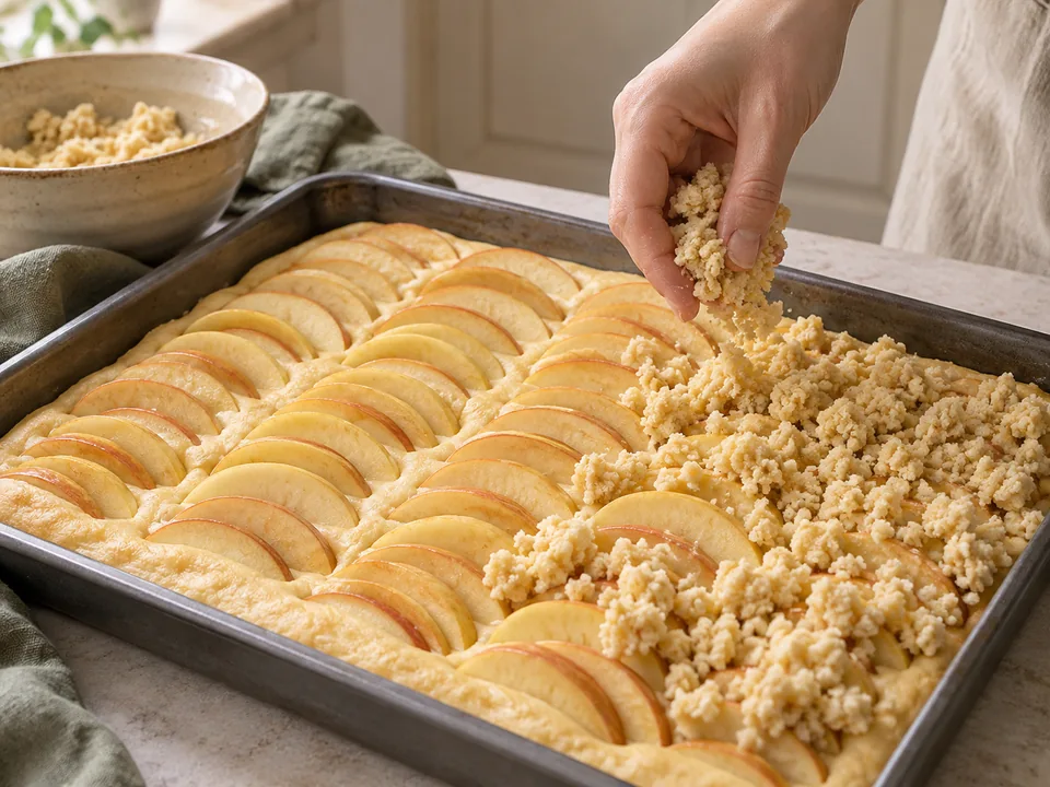 Apfelspalten dicht auf dem Hefeboden verteilen und die kalten Streusel locker darübergeben.