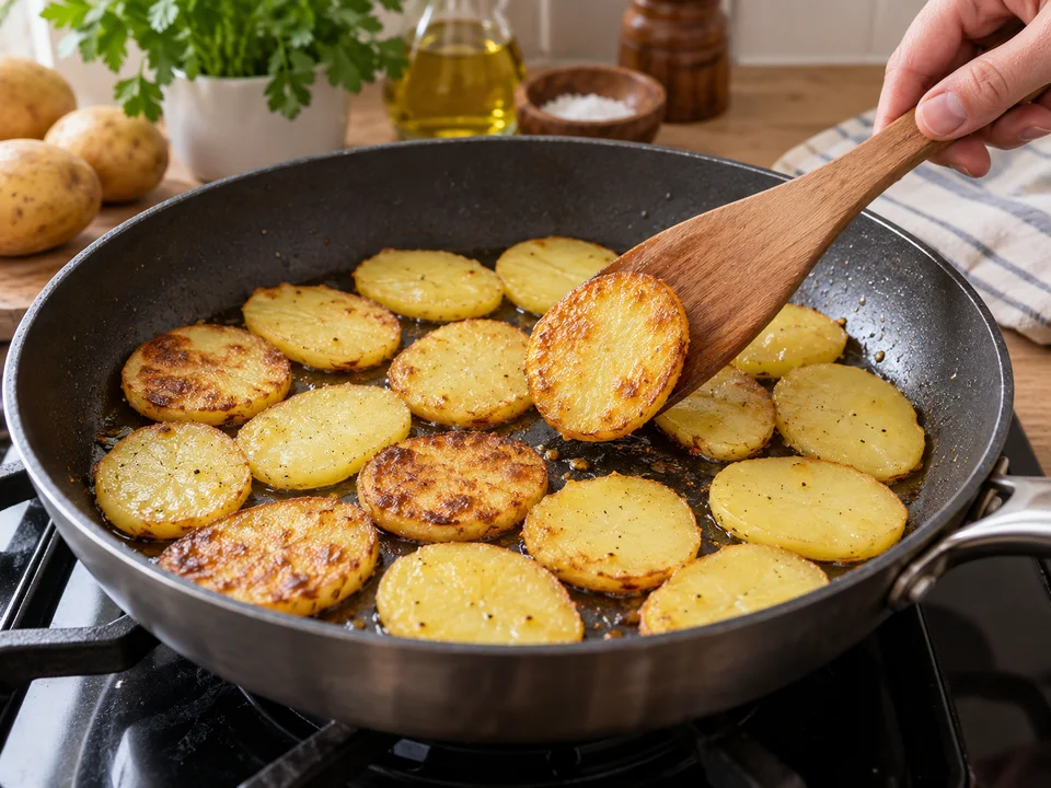 Die kalten Kartoffelscheiben portionsweise braten, damit sie eine goldene Kruste bekommen.