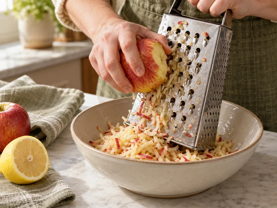 Den Apfel frisch grob reiben und direkt mit Zitronensaft mischen, bevor er ins Müsli kommt.