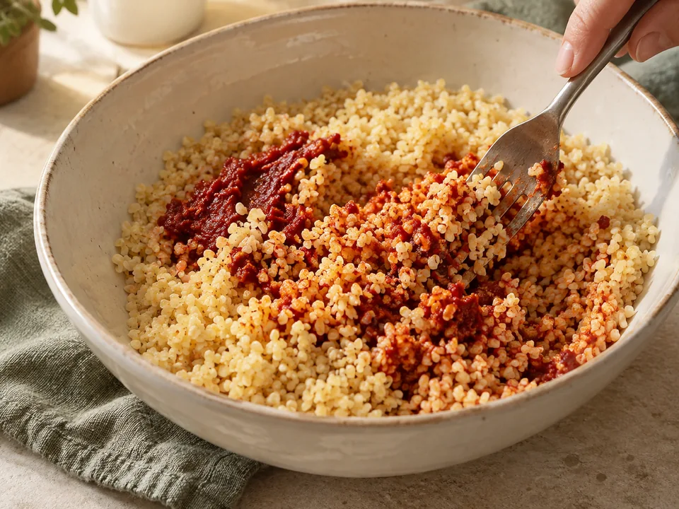 Die warme Würzpaste gründlich unter den gequollenen Bulgur arbeiten, damit alle Körner gleichmäßig Farbe annehmen.