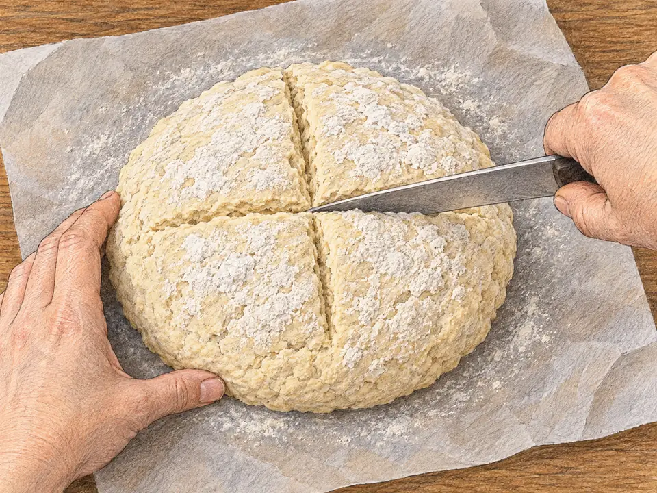 Den flachen Laib tief kreuzweise einschneiden, damit die Mitte beim Backen gut durchgart.
