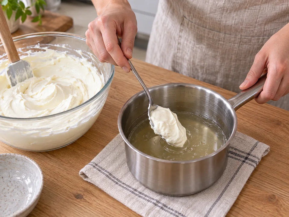 Etwas Quarkcreme unter die gelöste Gelatine rühren, bevor beides in die große Schüssel kommt.
