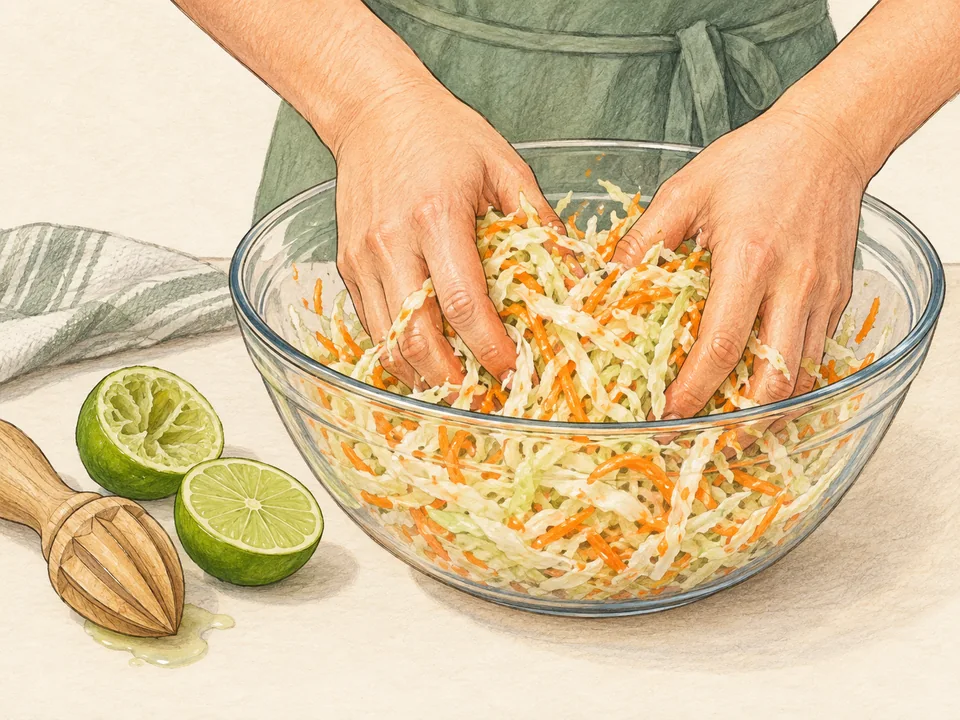 Das fein geschnittene Kraut mit Limettensaft und Salz kurz kneten, bis es geschmeidiger wird.