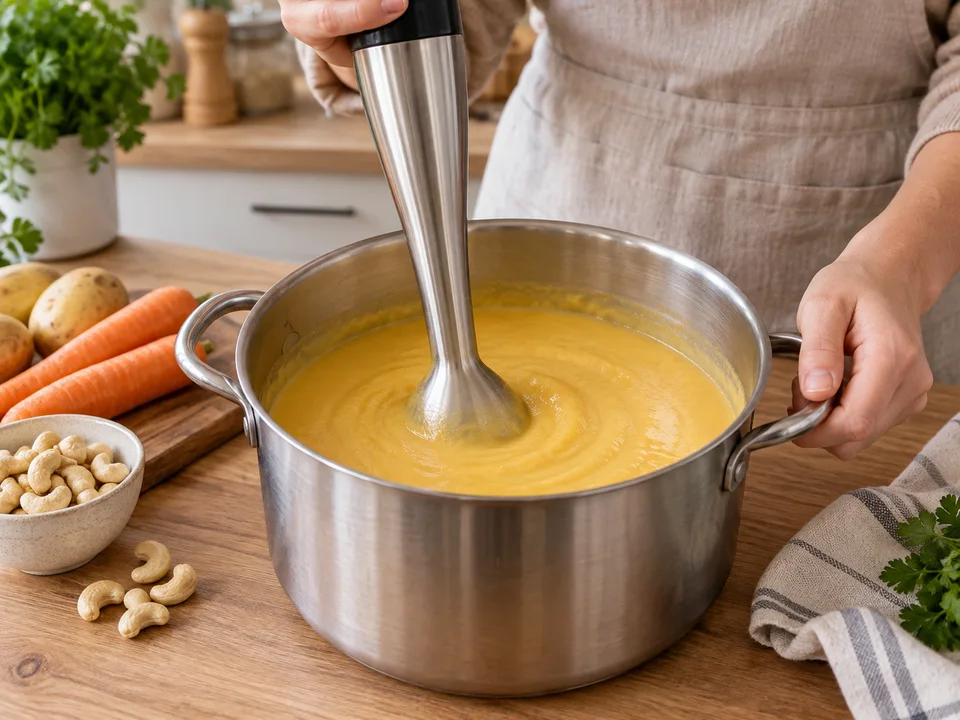 Die weich gekochten Zutaten gründlich pürieren, bis keine Cashewstückchen mehr zu sehen sind.