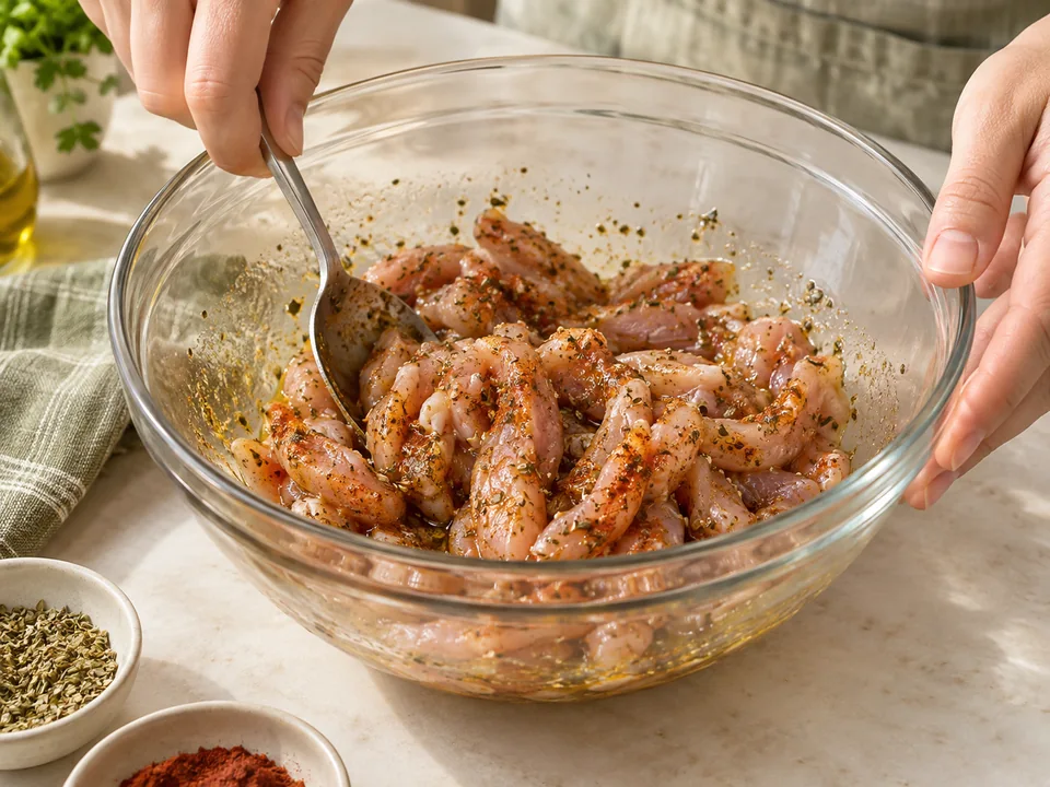 Die dünnen Hähnchenstreifen mit der Gewürzmarinade mischen und anschließend abgedeckt im Kühlschrank ziehen lassen.