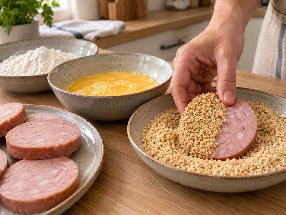 Die dicken Jagdwurstscheiben auch an den Rändern vollständig panieren.