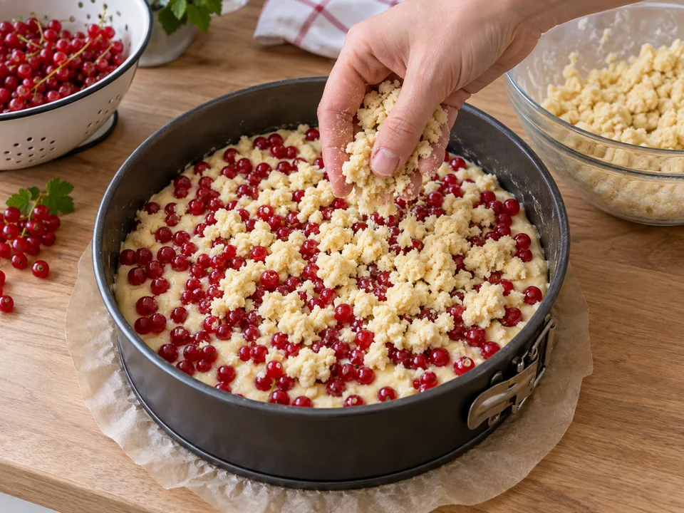 Trockene Johannisbeeren gleichmäßig auf dem Teig verteilen und locker mit Streuseln bedecken.