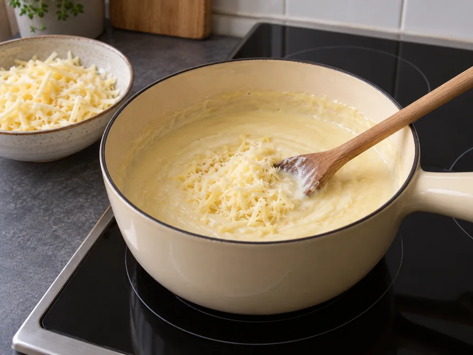 Geriebene Käseportionen nacheinander bei kleiner Hitze unter Rühren schmelzen lassen, ohne die Mischung zu kochen.