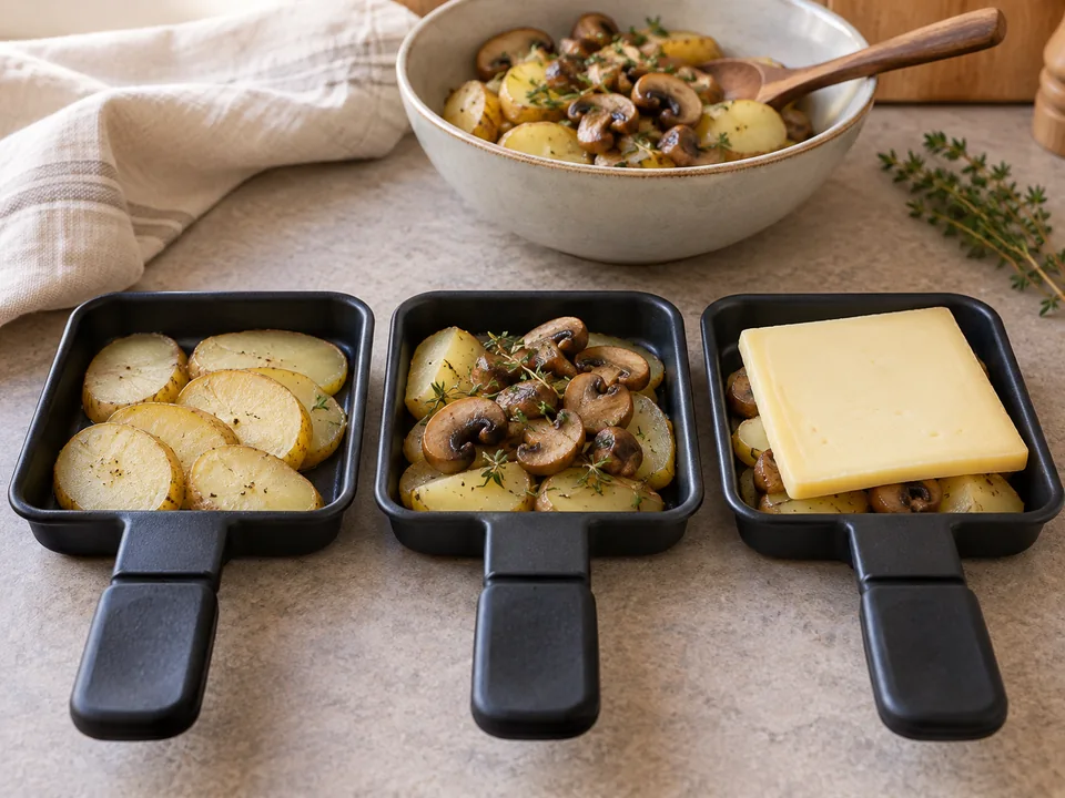 Kartoffelscheiben und Pilze flach ins Pfännchen schichten und mit einer passenden Käsescheibe bedecken.