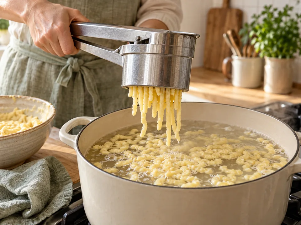 Den zähen Teig portionsweise durch die Presse direkt in siedendes Wasser drücken und die schwimmenden Spätzle nachgaren.