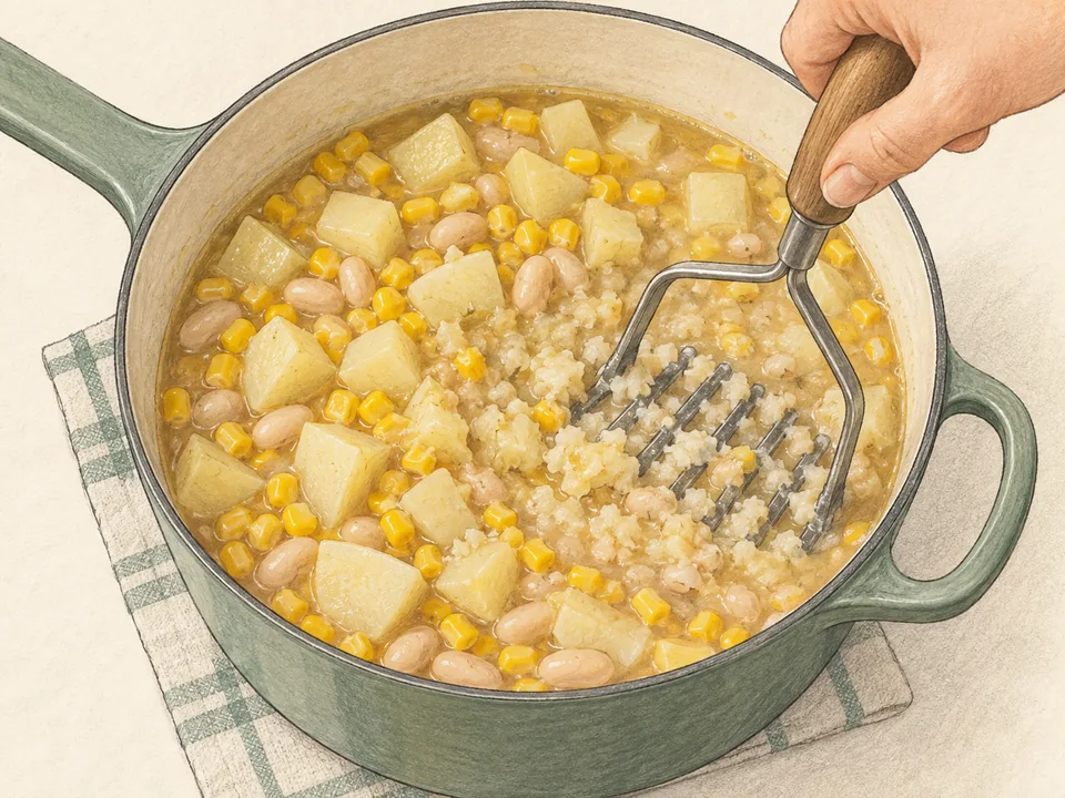 Nur einen Teil der Kartoffeln und Bohnen zerdrücken: So wird die Suppe cremig und bleibt zugleich stückig.