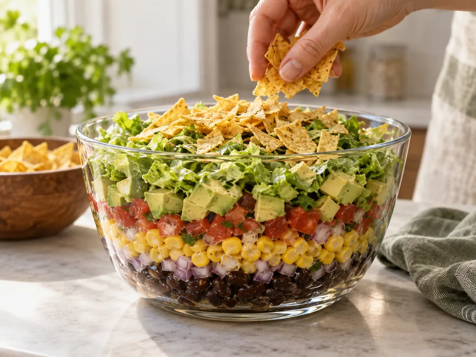 Tortillachips erst direkt vor dem Servieren auflegen, damit sie knusprig bleiben.